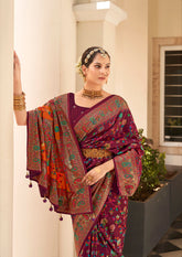 Shop Elegant Wine Berry Velvet Tussar Silk Floral Print Saree